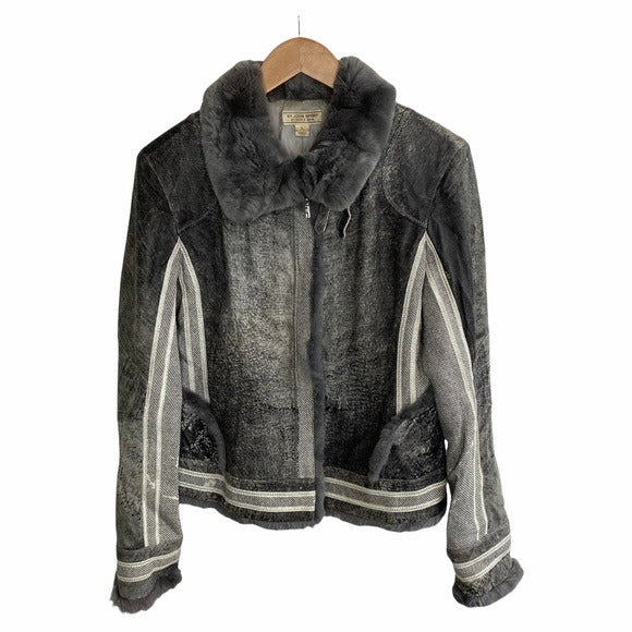 Vintage St. John Rabbit Fur Genuine Leather Bomber Jacket
