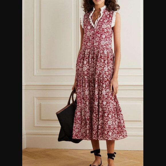 SEE BY CHLOÉ Broderie Anglaise Trimmed Tiered Floral Print Cotton Maxi Dress