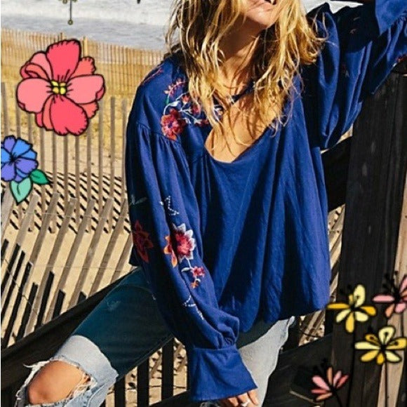 NWT Free People Embroidered Long Sleeve Lita Blouse